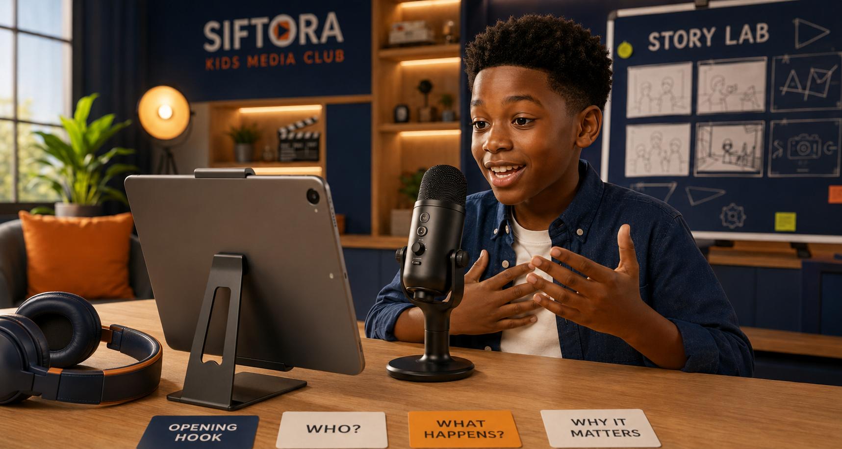 A young creator practising storytelling in the Quest Lab