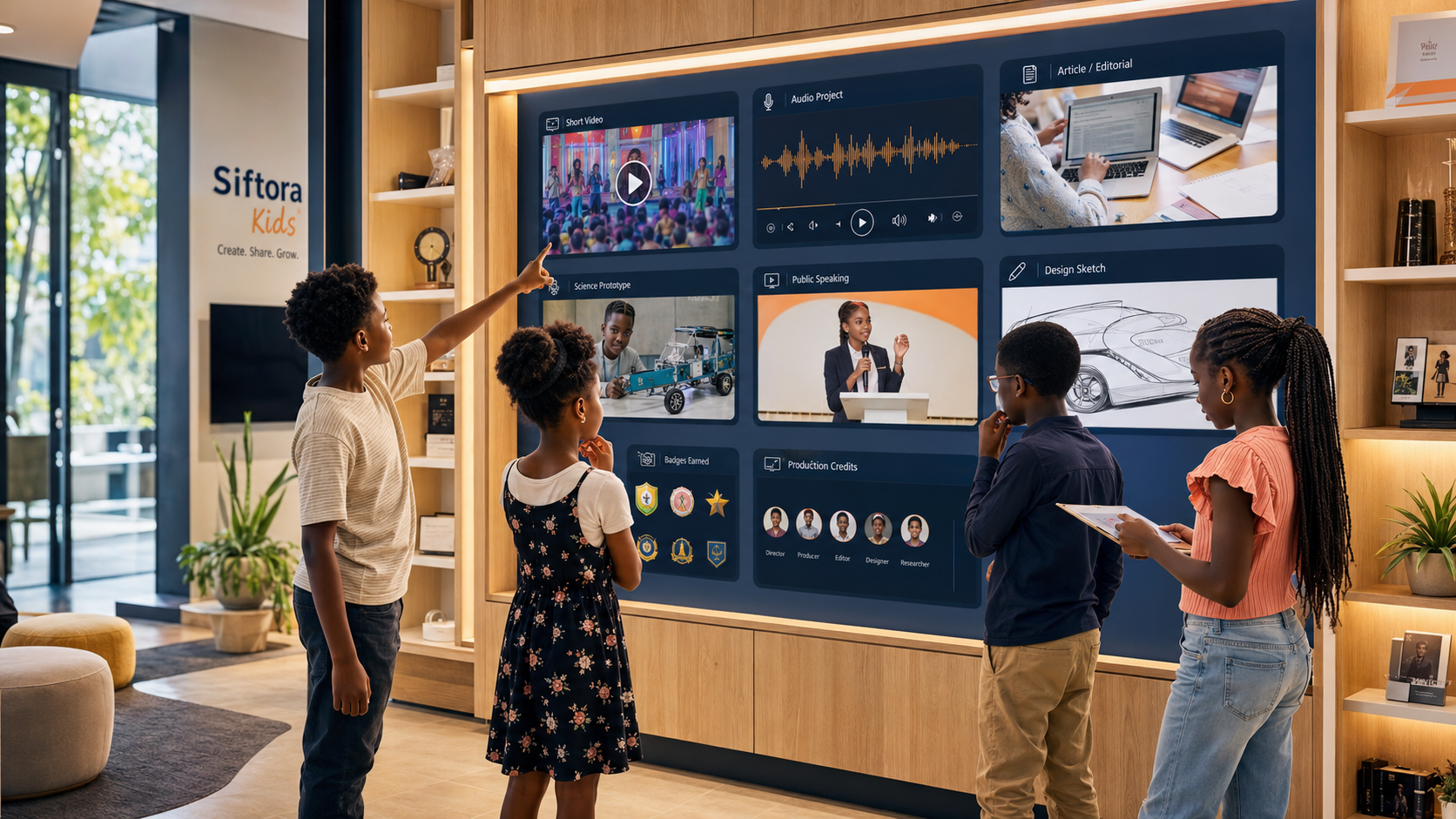 Children viewing a showcase of projects, badges, credits, and growth